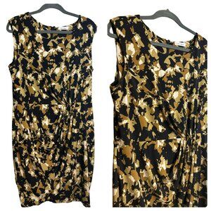 Calvin-Klein Women’s Faux Wrap Cap Sleeve Dress – Black & Gold Print, Size 12
